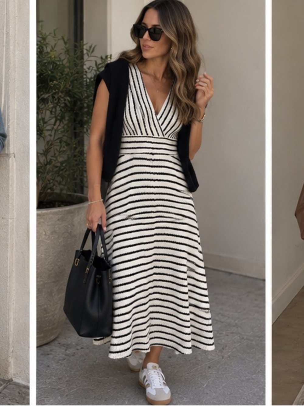 Max Studio Black and White Striped V-Neck Midi Dress